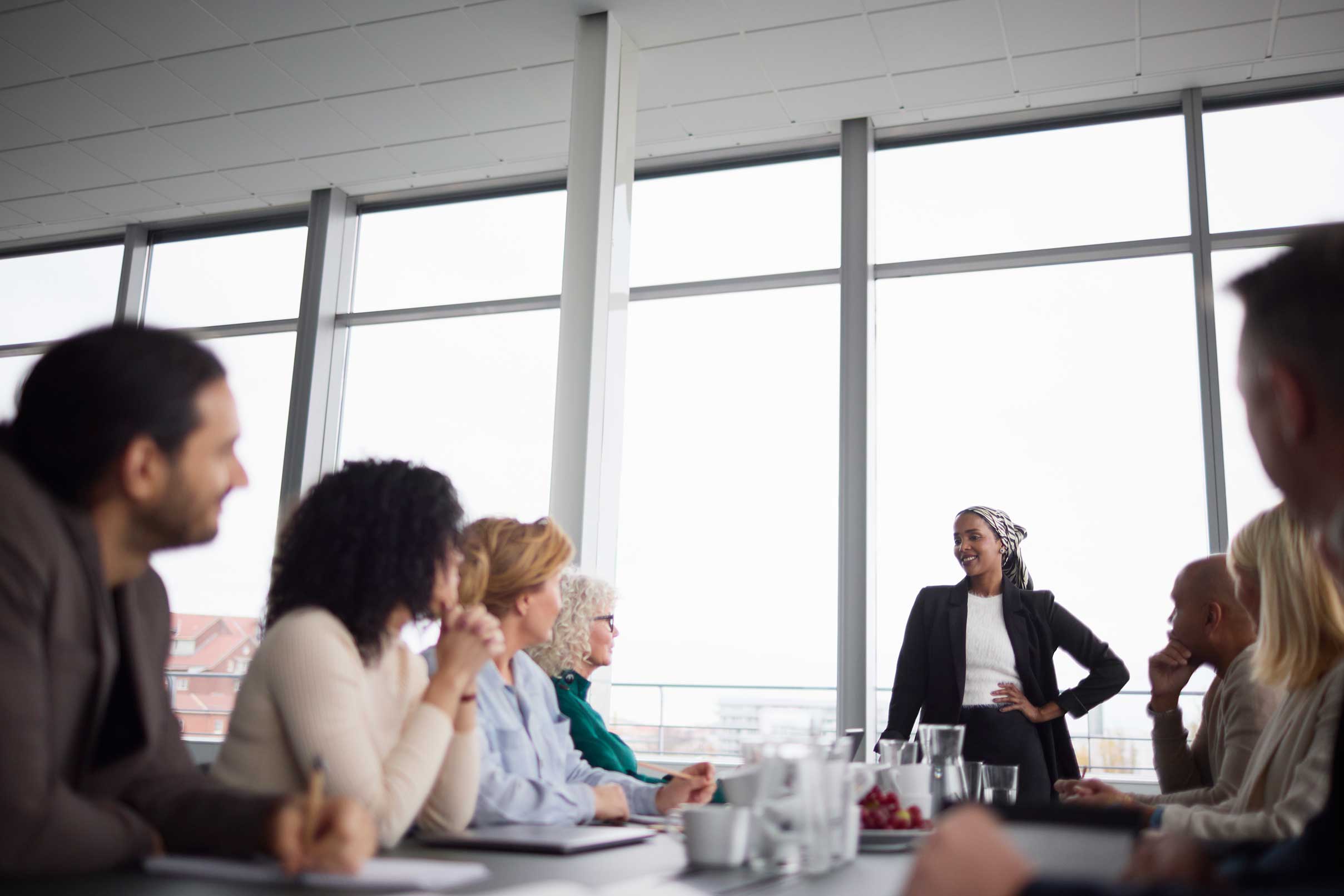 MOL-HR-hero.opt3 a woman standing at the end of a table speaking to a seated group of people