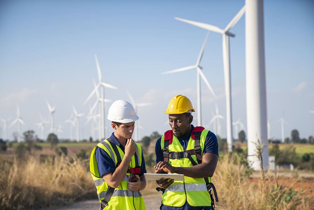 Engineers of wind turbine two sustainability leaders speaking in a field of wind turbines
