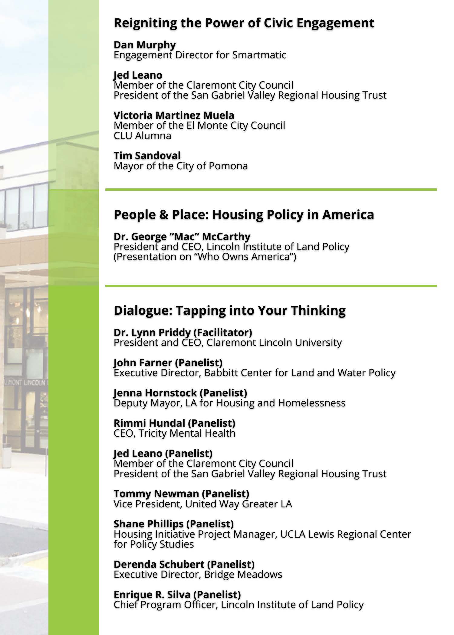 Gathering Save the Date (back) list of speakers for Claremont Lincoln University's 2024 Gathering